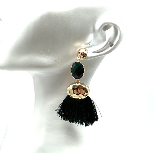 Black Hammered Gold Plated Tassel Post Earrings - Picture 3 of 6